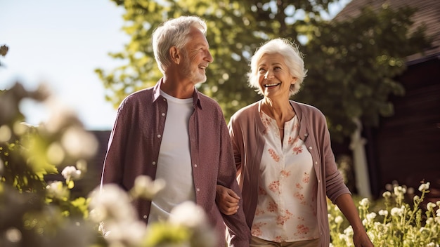 Glückliches älteres Paar, älterer pensionierter Mann und Frau, die zusammen am sonnigen Tag im Freien spazieren gehen