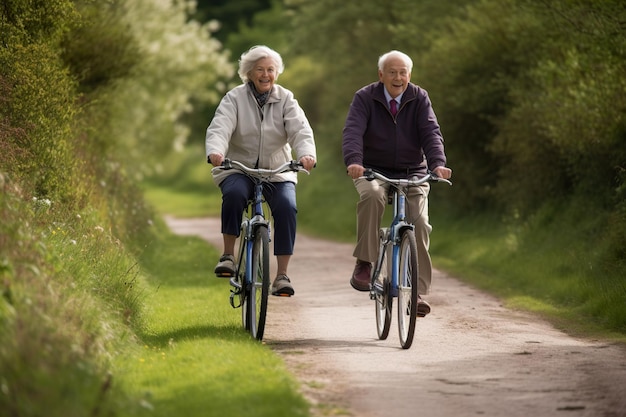 Glückliches älteres Paar, das im Park im Freien Fahrrad fährt und generative KI nutzt
