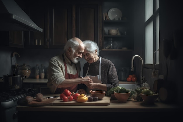 Glückliches älteres Paar kocht Abendessen in der Küche