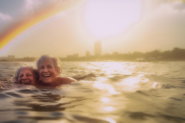 Glückliches älteres schwules Paar schwimmt bei der LGBTQ Pride Parade in Tel Aviv, Israel