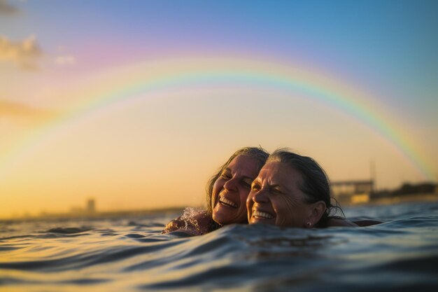 Glückliches älteres schwules Paar schwimmt bei der LGBTQ Pride Parade in Tel Aviv, Israel