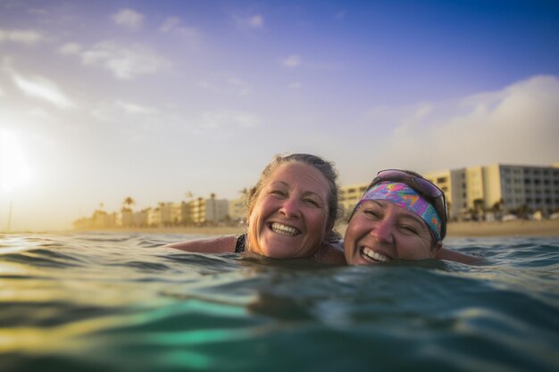 Glückliches älteres schwules Paar schwimmt bei der LGBTQ Pride Parade in Tel Aviv, Israel