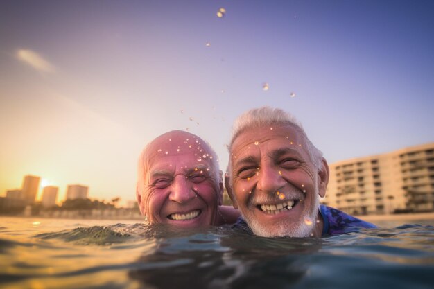 Glückliches älteres schwules Paar schwimmt bei der LGBTQ Pride Parade in Tel Aviv, Israel