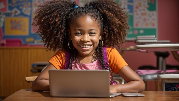 Glückliches afroamerikanisches Mädchen in der Schule mit Laptop