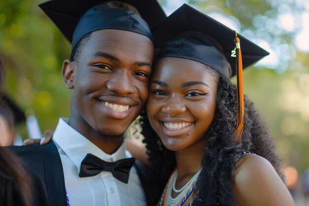 Foto glückliches afroamerikanisches paar studenten in abschlusskleiden und hüten, die gemeinsam ein foto machen 2024