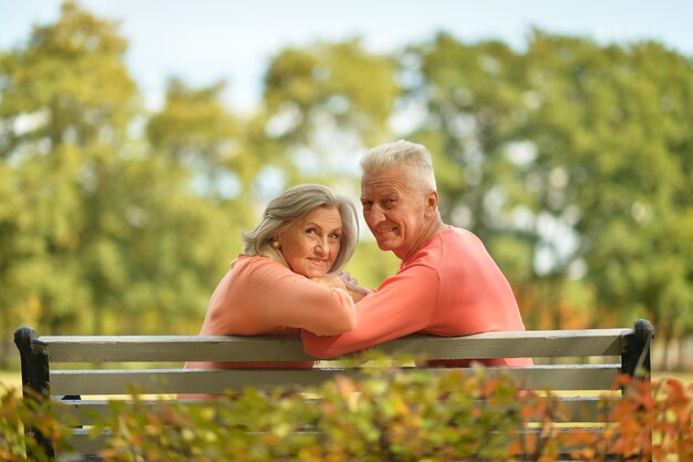Glückliches altes Paar posiert im Herbstpark