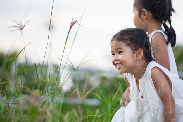 Glückliches asiatisches Kindermädchen zwei, das Spaß hat und mit Natur in der Wiese in der Sommerzeit spielt