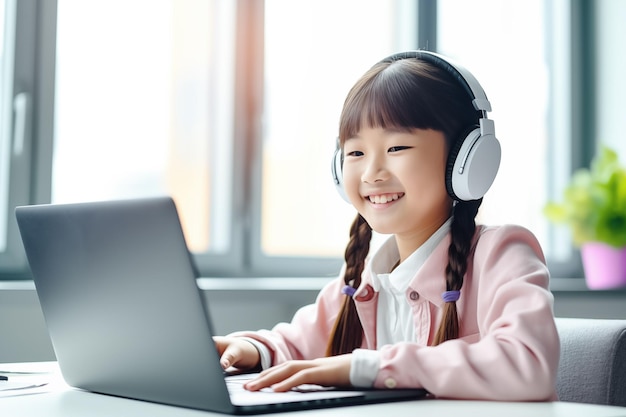 Glückliches asiatisches Schulmädchen studiert online mit Laptop und Kopfhörern am Schreibtisch