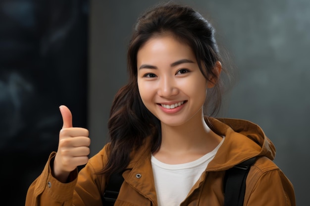 glückliches aufgeregtes asiatisches mädchen zeigt daumen hoch junge lächelnde japanische weibliche koreanische dame chinesische frau