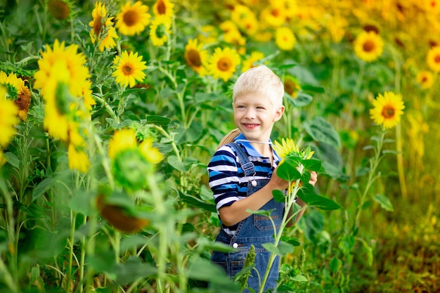Glückliches Baby blond in einem Feld mit Sonnenblumen im Sommer, Kinderlebensstil