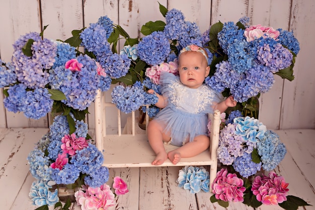 Glückliches Baby in einem Kleid mit rosa und blauen Hortensienblumen