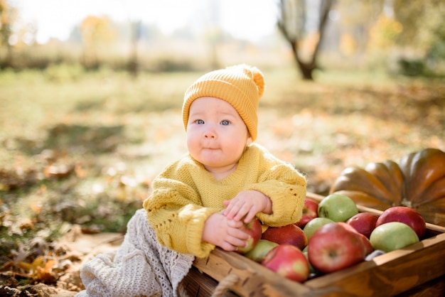 Glückliches Baby mit einem Korb mit Äpfeln im Freien im Herbstpark