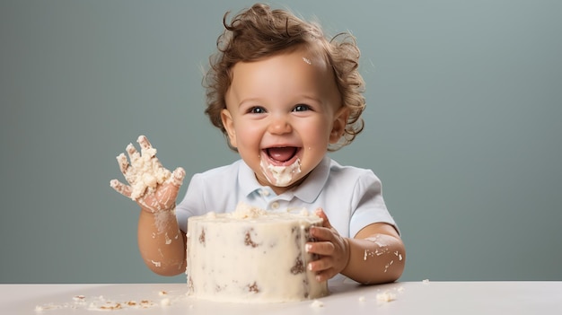 Glückliches Baby mit Kuchen, erster Geburtstag, Kleinkind frisst Dessert, süßes Kind feiert