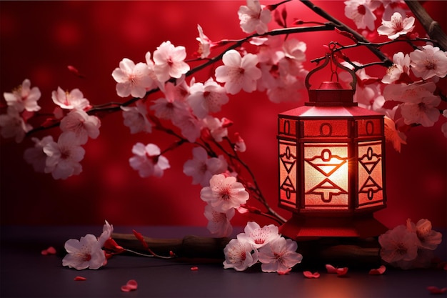 Glückliches chinesisches Neujahr Sakura Blumen und traditionelle Laterne auf rot