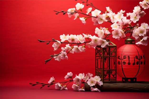 Glückliches chinesisches Neujahr Sakura Blumen und traditionelle Laterne auf rot