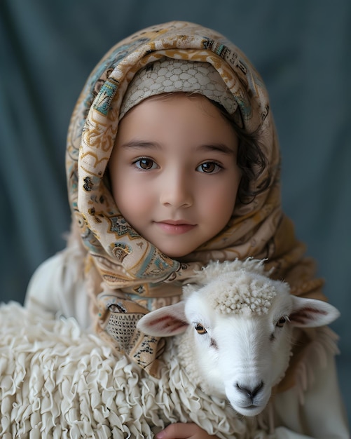 Glückliches Eid al Adha Hintergrund Schafe mit kleinem Mädchen für Design Eid al adha Grußkarte