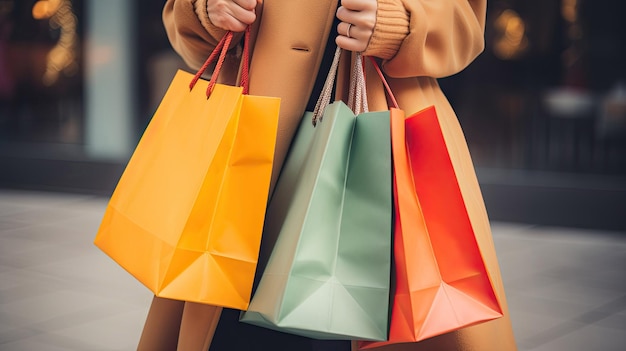 Glückliches Einkaufen. Nicht wiederzuerkennende Frau hält mehrfarbige Einkaufstüten mit Generative AI Tech