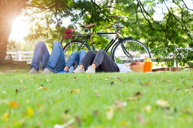 Glückliches Familienpicknick, das im Gartenzusammengehörigkeits-Entspannungskonzept liegt