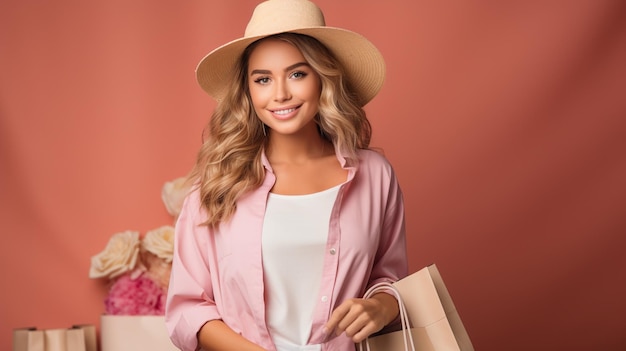 glückliches Foto einer modernen Frau mit einer dekorativen Papiertüte vor einer rosa Wand, die von KI generiert wurde