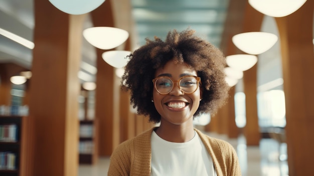 Glückliches, fröhliches, lächelndes, kurzhaariges, süßes, schwarzes, ethnisches College-Student mit Brille, das in der modernen Universitätsbibliothek wegblickt.