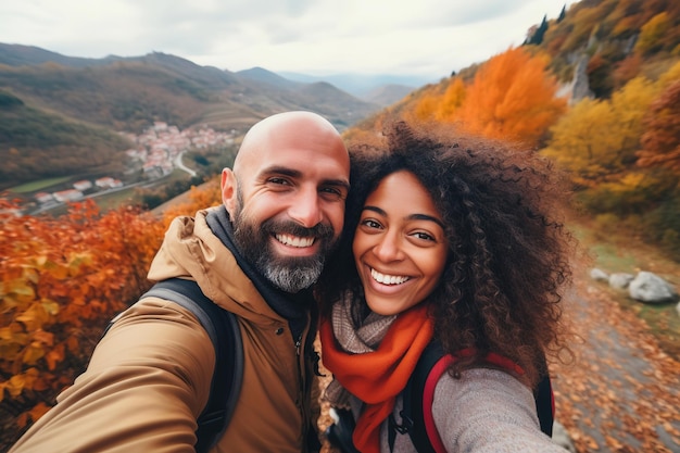 Glückliches gemischtrassiges Paar mittleren Alters beim Wandern im Herbst im Freien