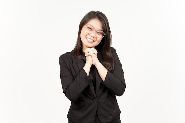 Glückliches Gesicht der schönen asiatischen Frau mit schwarzem Blazer, Isolated On White Background