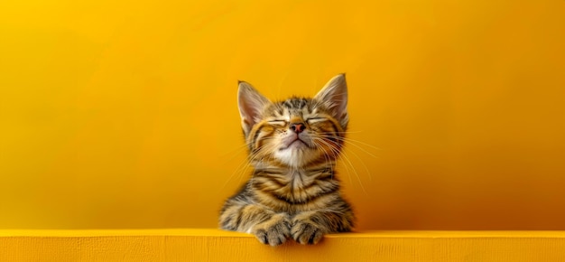 Glückliches gestreiftes Kätzchen mit geschlossenen Augen auf einer sonnigen gelben Oberfläche