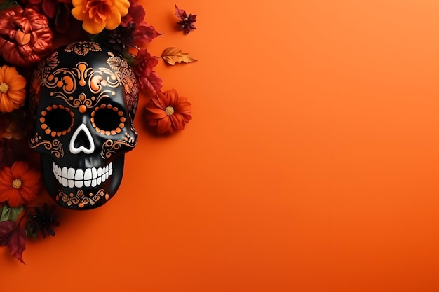 Glückliches Halloween-Flach-Lay-Mockup mit Herbstblumen, Blättern und Schädel auf orangefarbenem Hintergrund