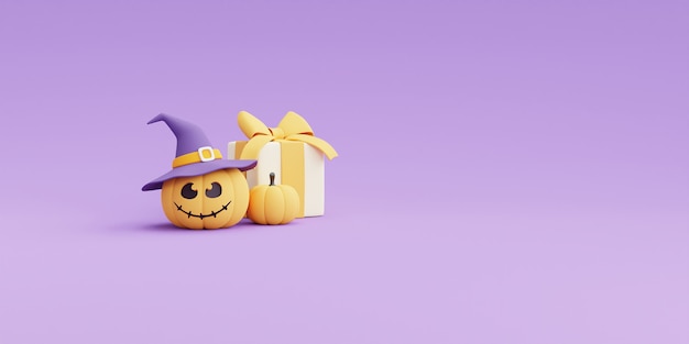 Glückliches Halloween-Konzept, Kürbischarakter und Geschenkbox mit Kopienraum auf purpurrotem Hintergrund. Wiedergabe 3d.