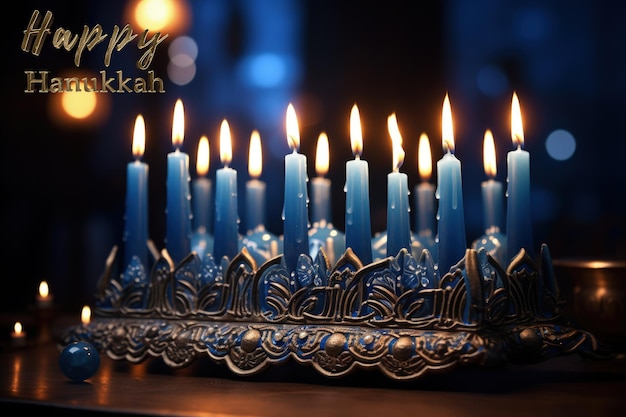 Glückliches Hanukkah, Fest der Lichter, Feier der nationalen geistigen Befreiung unseres Volkes, jüdischer Feiertag, Feier des Lichts, Feiertag der Makkabäer, Sieg über die Griechen, Einweihung des Altars und des Tempels.