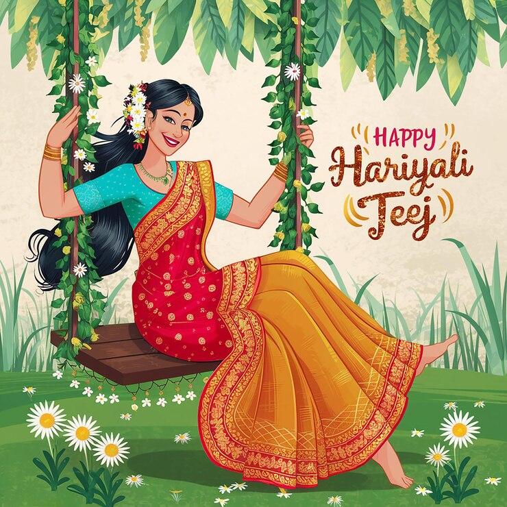 Glückliches Hariyali Teej indisches Fest mit Illustration glückliches Fest mit einer Frau auf einer Schaukel