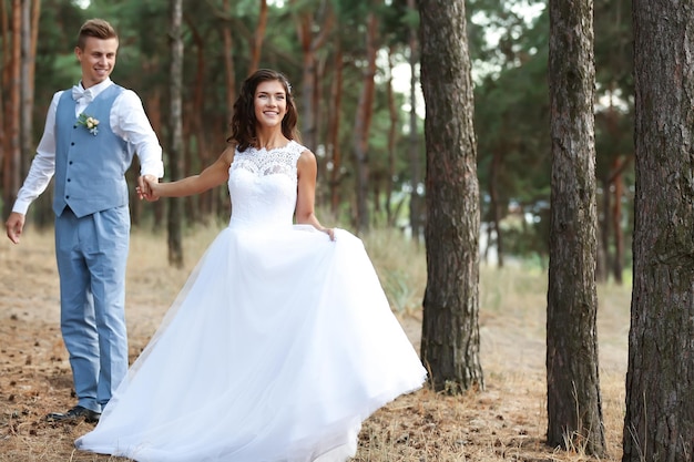 Glückliches Hochzeitspaar, das im Nadelwald spazieren geht