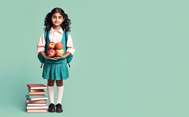 Glückliches indisches Schülerkind mit Rucksack und Arbeitsbüchern und Apfelmittagessen in Uniform Schulmädchen-Studentenbanner Schulmädchenporträt mit Kopierraum Generative KI
