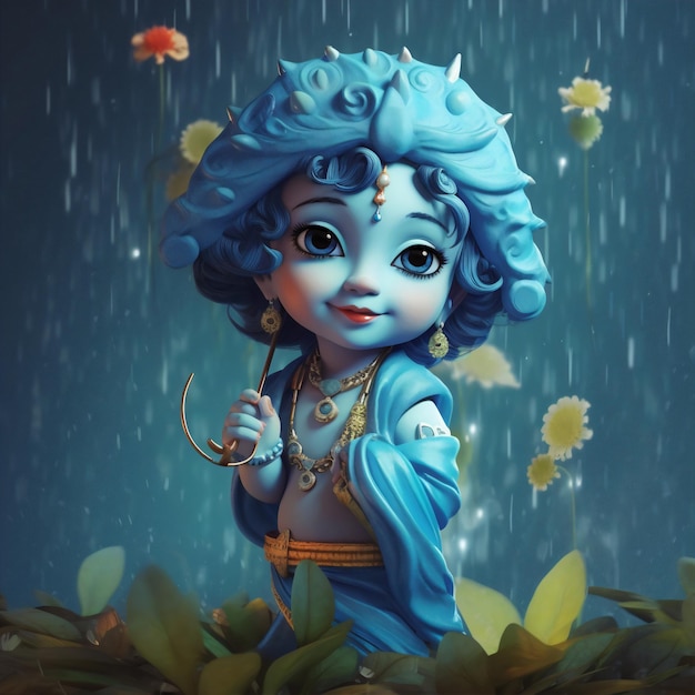 Glückliches Janmashtami-Festival Kleine Zeichentrickfilm Lord Krishna Digitaler Hintergrund Generative Ai