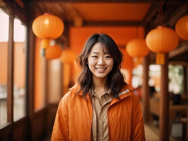 Glückliches, junges japanisches, asiatisches Porträt einer Frau