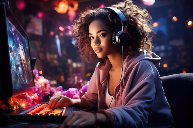 glückliches junges mädchen gamer streamer mit kopfhörer streams spielt und arbeitet am computer online zu hause