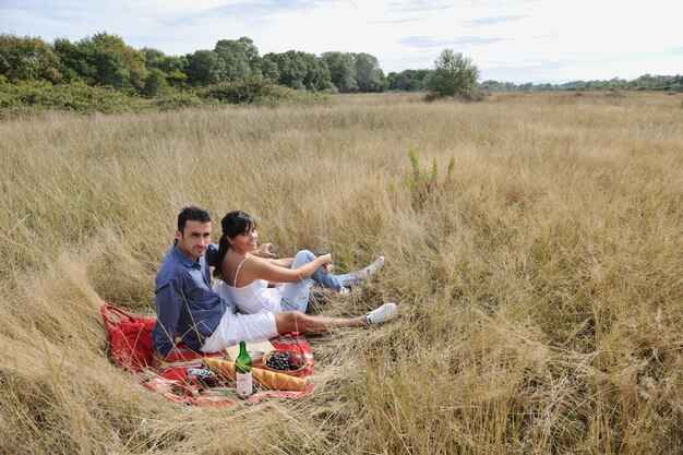 glückliches junges paar, das picknick auf dem land auf dem feld genießt und eine gute zeit hat