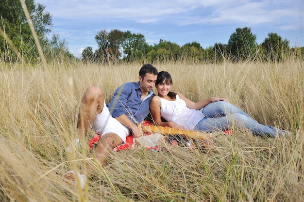 glückliches junges paar, das picknick auf dem land auf dem feld genießt und eine gute zeit hat