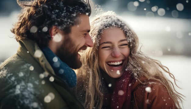 Glückliches junges Paar, das sich am Wintermorgen umarmt