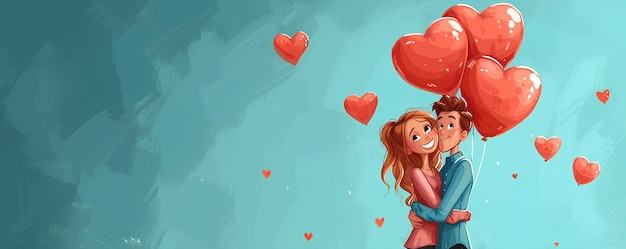 Glückliches junges Paar mit herzförmigen Luftballons auf farbigem Hintergrund im Cartoon-Stil zum Valentinstag