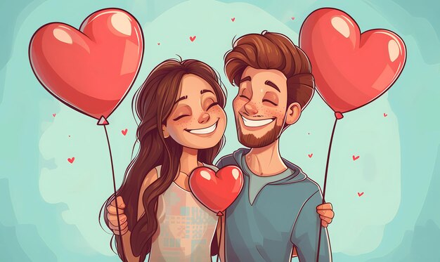 Glückliches junges Paar mit herzförmigen Luftballons auf farbigem Hintergrund im Cartoon-Stil zum Valentinstag