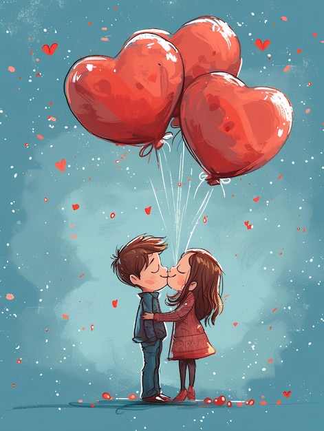 Glückliches junges Paar mit herzförmigen Luftballons auf farbigem Hintergrund im Cartoon-Stil zum Valentinstag