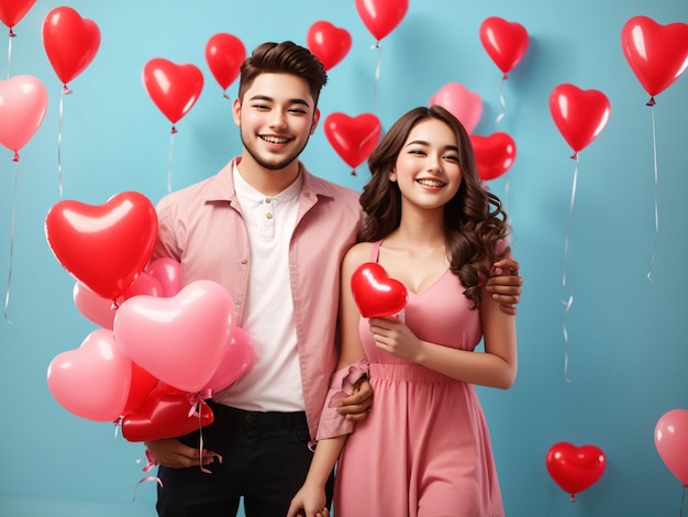 Glückliches junges Paar mit herzförmigen Luftballons auf farbigem Hintergrund Valentinstagsfeier