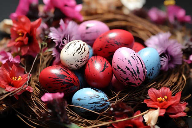 Glückliches Kaninchen mit vielen bunten Ostereiern Osterdag-Konzept mit Kaninchennest-Süßigkeiten oder Blumen