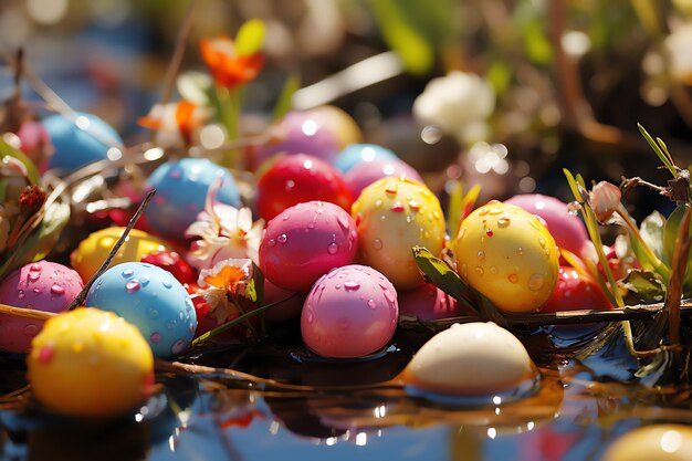 Glückliches Kaninchen mit vielen bunten Ostereiern Osterdag-Konzept mit Kaninchennest-Süßigkeiten oder Blumen