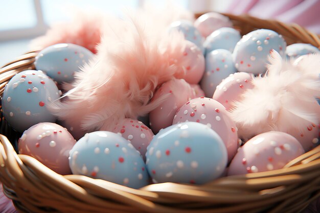 Glückliches Kaninchen mit vielen bunten Ostereiern Osterdag-Konzept mit Kaninchennest-Süßigkeiten oder Blumen