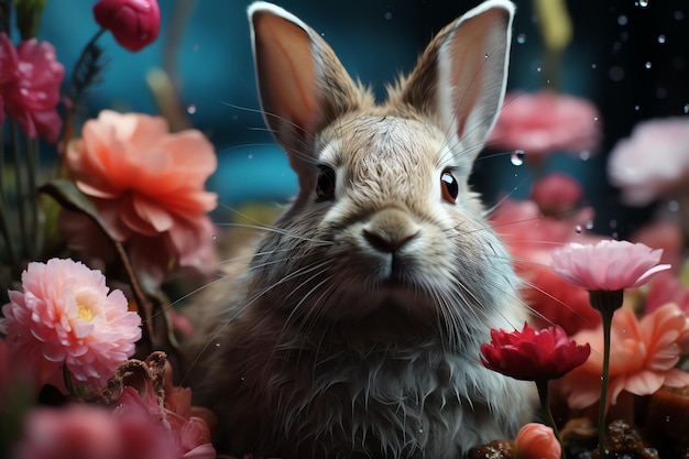 Glückliches Kaninchen mit vielen bunten Ostereiern Osterdag-Konzept mit Kaninchennest-Süßigkeiten oder Blumen