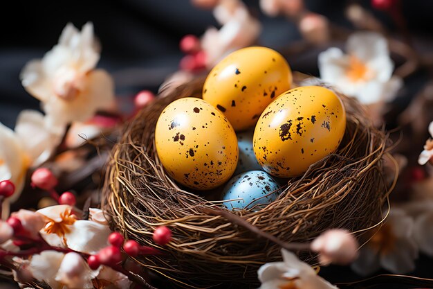 Glückliches Kaninchen mit vielen bunten Ostereiern Osterdag-Konzept mit Kaninchennest-Süßigkeiten oder Blumen