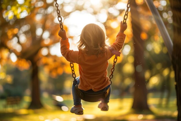 Glückliches Kind auf einer Schaukel im Park Glückliches kleines Kind genießt das Fluggefühl auf Schaukeln im Sommerurlaub Generative KI