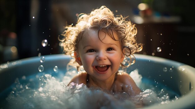 Glückliches Kind badet in einer Badewanne mit Schaum und Blasen Generative KI